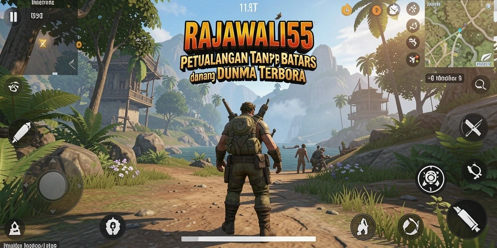 Tangkapan layar menunjukkan gameplay petualangan terbuka dalam RAJAWALI55.