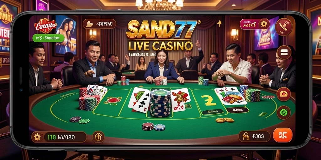 Tampilan gameplay SAND77 yang menampilkan dealer langsung dan suasana kasino nyata.