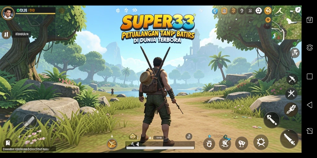Gameplay SUPER33 yang menampilkan eksplorasi dunia terbuka yang luas.